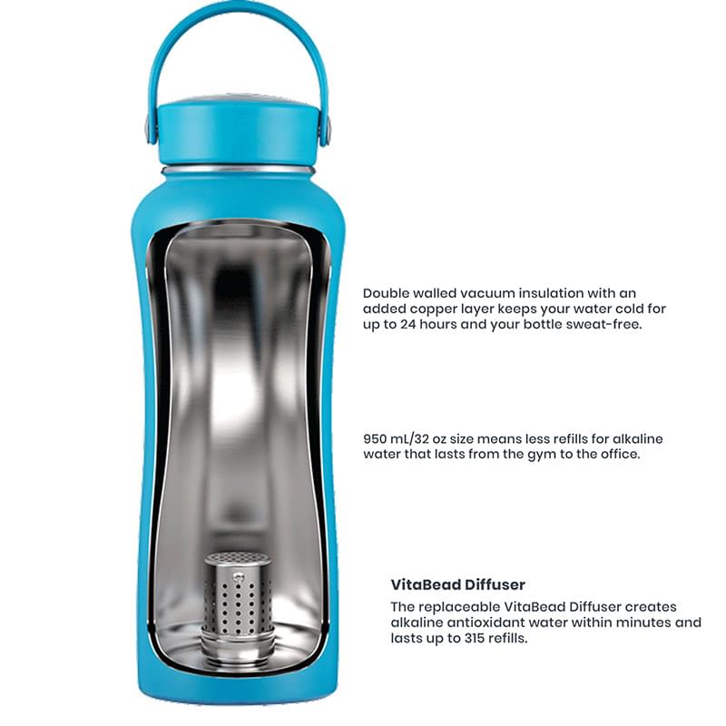 Creates Premium Alkaline Water On-The-Go DYLN Insulated Water Bottle Aqua Teal 950 mL Keeps Cold for 24 Hours Wide Mouth Cap Vacuum Insulated Stainless Steel 32 oz